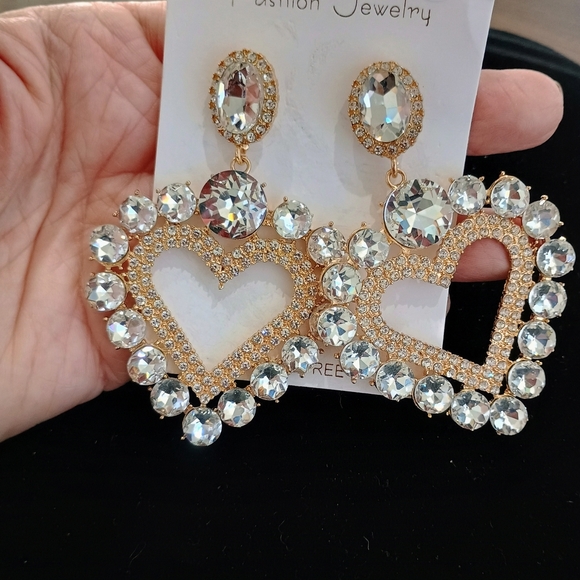 Gold and Silver Heart Crystal Earrings - Picture 2 of 3